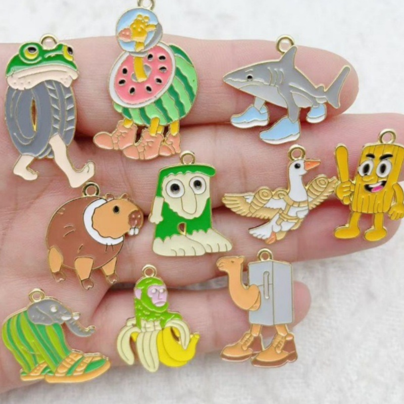 Jewelry Making Party - 10個入り クリエイティブ合金ドリップオイルジュエリー、モンスター、面白い、抽象的な、木製スティック、男、サメ、DIYアクセサリー、ペンダント